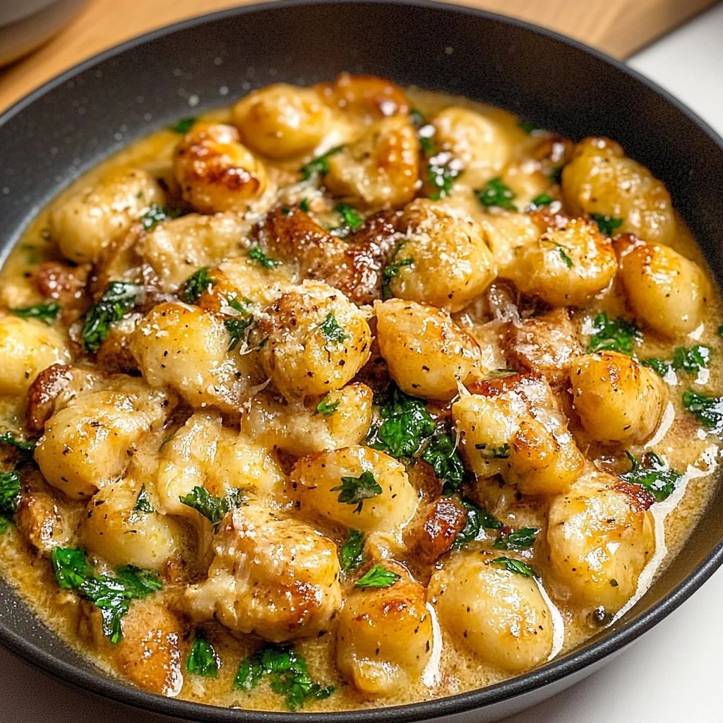 Delicious Garlic Chicken Gnocchi Skillet served in a skillet with fresh herbs