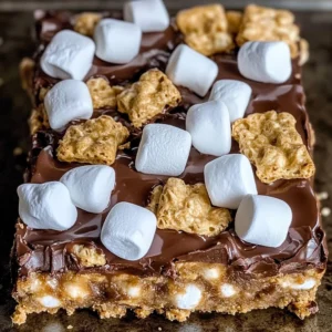 Golden Grahams S’mores Bars with chocolate and marshmallows, a delicious dessert treat.