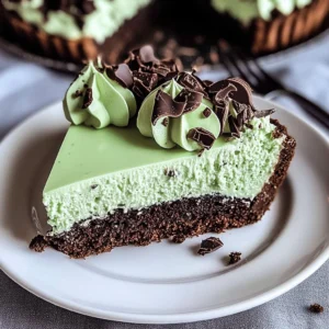 Delicious slice of Grasshopper Pie with mint and chocolate topping