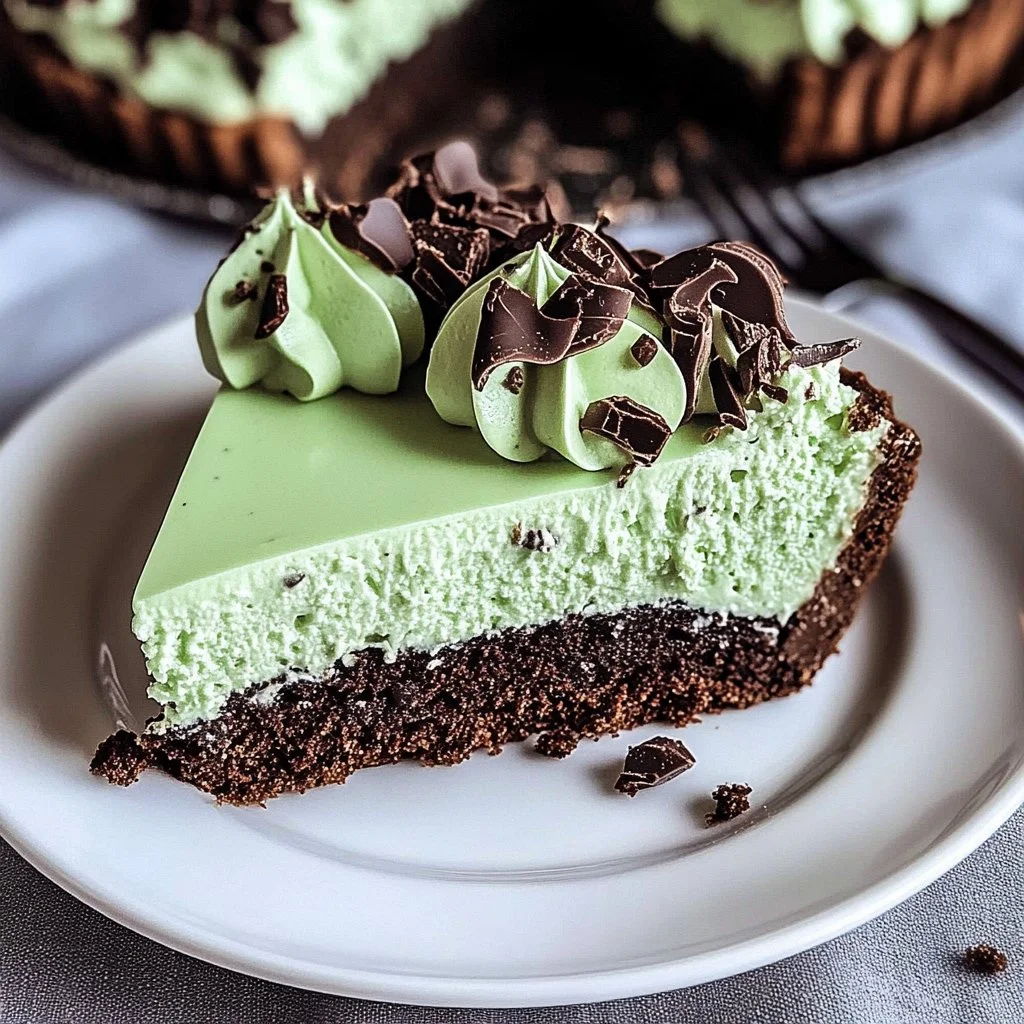 Delicious slice of Grasshopper Pie with mint and chocolate topping