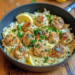 Greek chicken meatballs served with lemon orzo dish