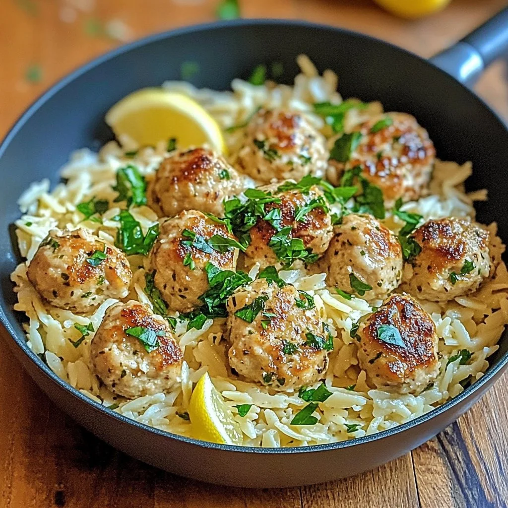 Greek chicken meatballs served with lemon orzo dish