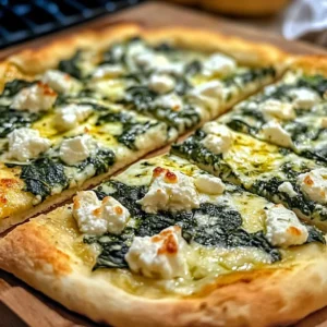 Greek roasted garlic spinach white pizza topped with cheese and fresh spinach