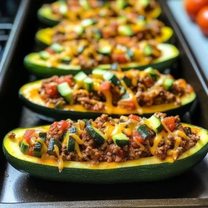Ground turkey taco stuffed zucchini boats topped with cheese and herbs.