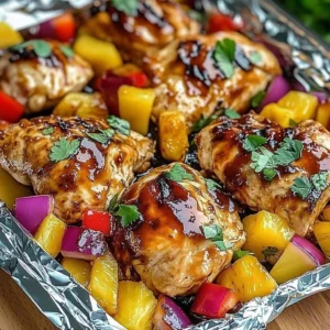 Delicious Hawaiian BBQ chicken and pineapple foil packets ready for grilling