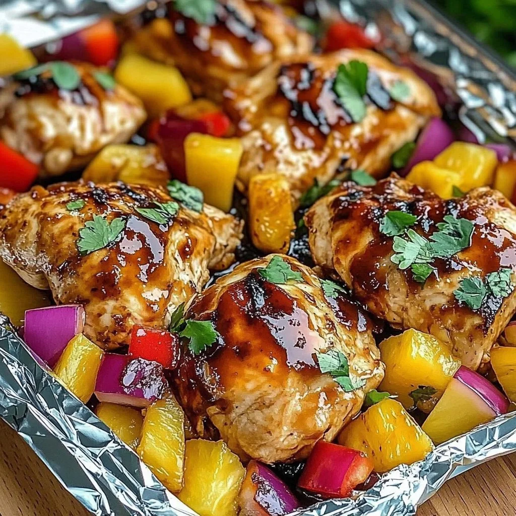 Delicious Hawaiian BBQ chicken and pineapple foil packets ready for grilling