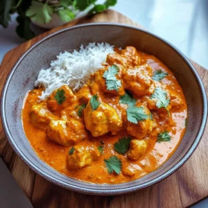 Delicious butter chicken served on a plate with rice and naan.