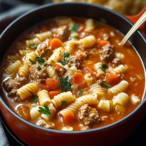 Delicious Italian sausage pasta soup served in a bowl with fresh herbs.