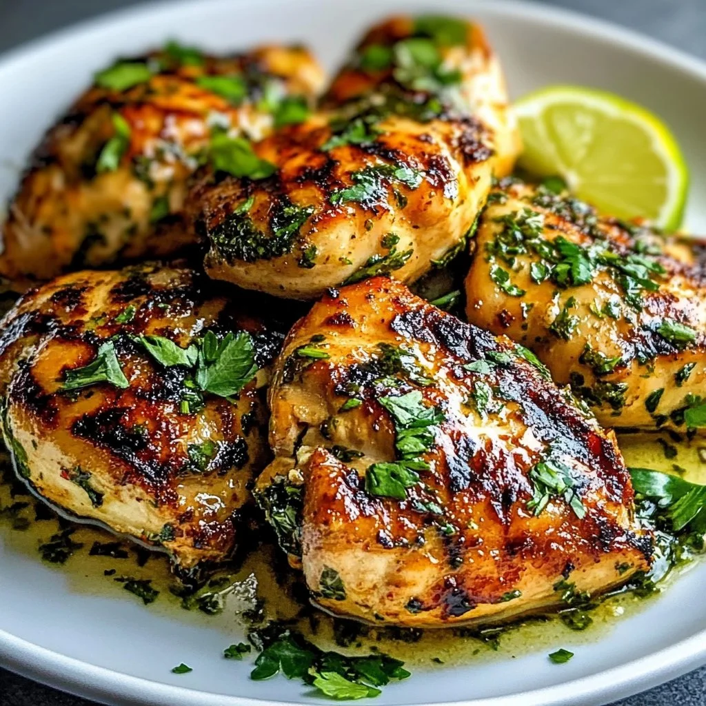 Grilled salsa verde chicken on a plate garnished with fresh herbs.