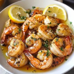 Plate of Lemon Garlic Shrimp garnished with parsley and lemon slices