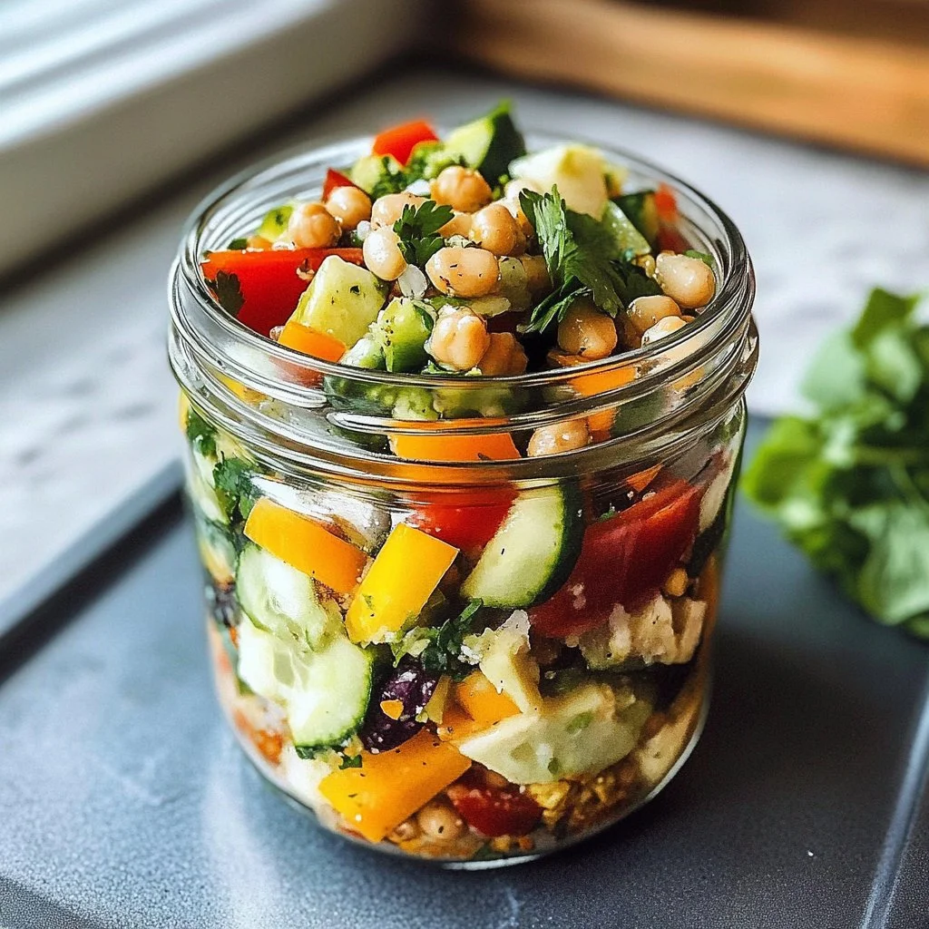 Colorful Mason Jar Salads stacked with fresh vegetables and grains for meal prep