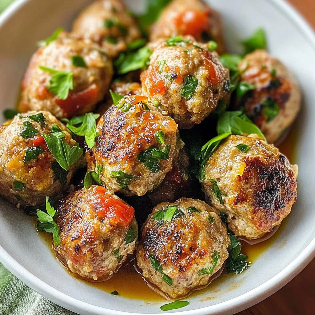 Mediterranean chicken meatballs served with herbs and sauce