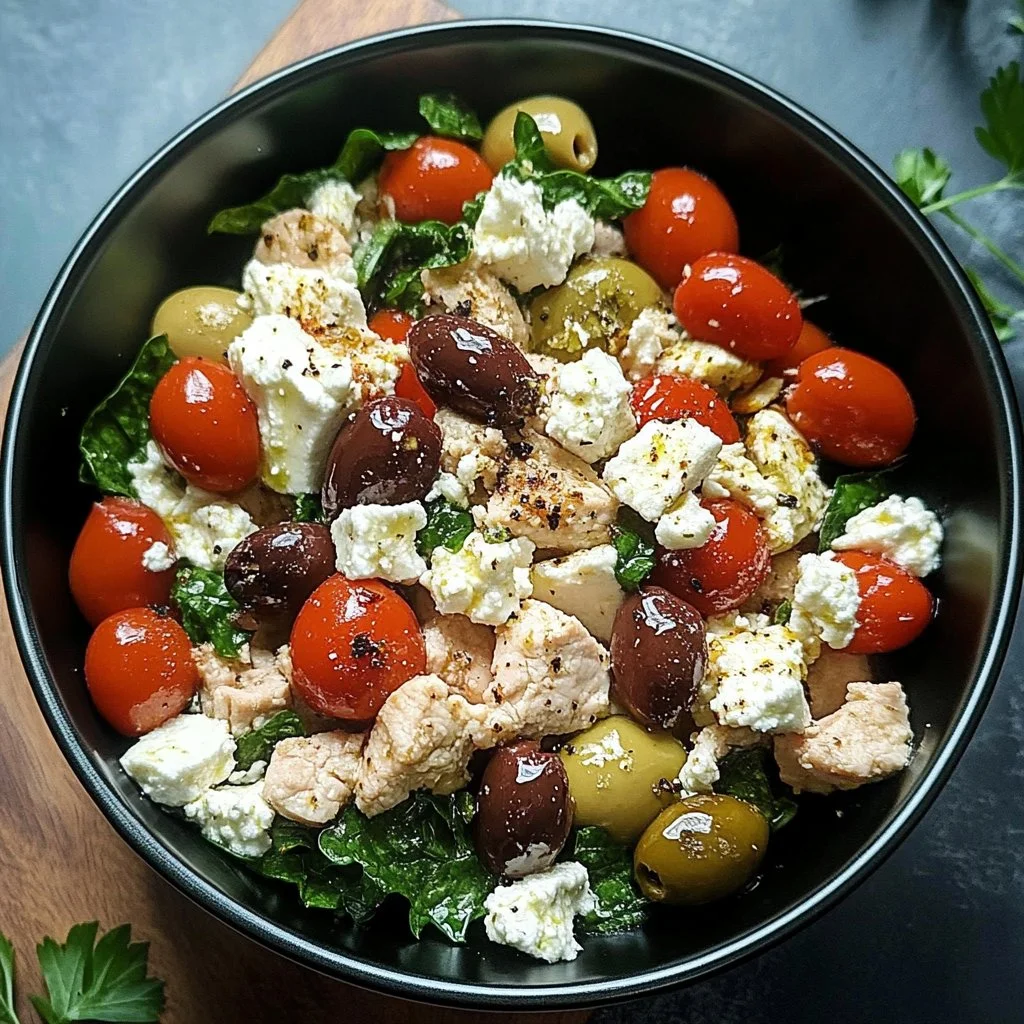 Mediterranean Keto Skillet with ground chicken, olives, and feta cheese