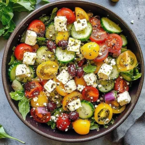Colorful Mediterranean salad with fresh vegetables and feta cheese.