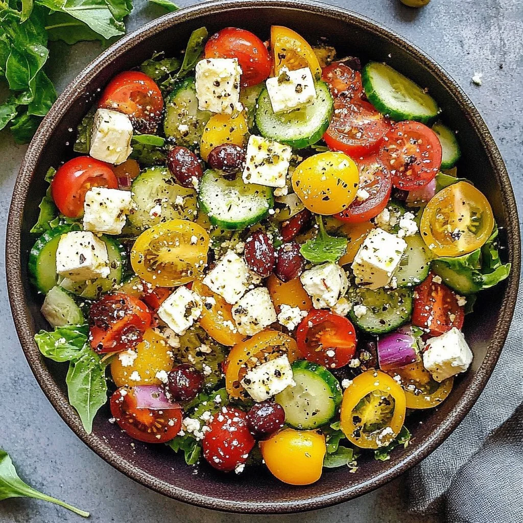 Colorful Mediterranean salad with fresh vegetables and feta cheese.