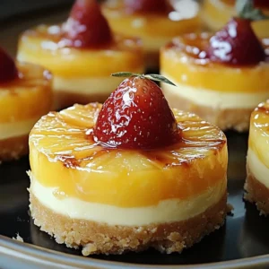 Mini pineapple upside-down cheesecakes topped with cherries and pineapple