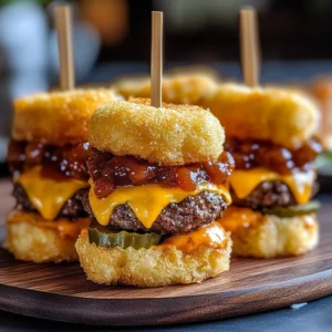 Mini Tater Tot Cheeseburgers served on a plate with toppings