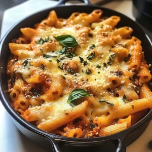 Pasta Bake with Pumpkin Tomato Sauce topped with cheese and herbs in a baking dish