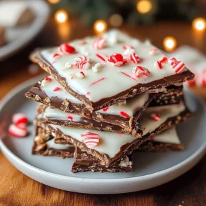 Peppermint bark graham crackers topped with chocolate and crushed peppermint.