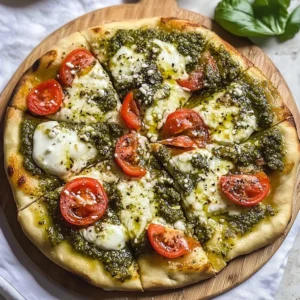 Delicious pesto flatbread pizza topped with fresh vegetables and cheese.
