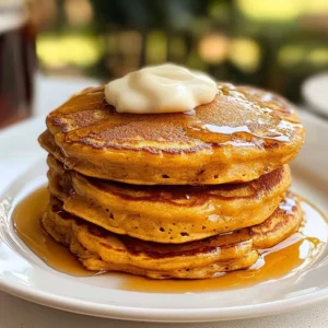 Fluffy and golden pumpkin pancakes stacked with whipped cream and cinnamon