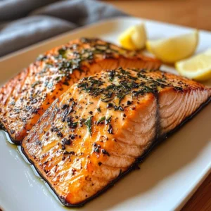 Deliciously cooked air fryer salmon on a plate with herbs and lemon