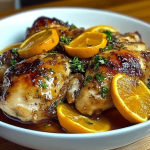 Juicy Roasted Orange Chicken garnished with fresh herbs and citrus slices.