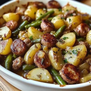 Sausage green bean potato casserole served in a baking dish