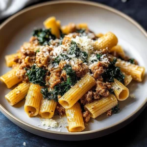 Savory sausage rigatoni pasta with kale on a plate