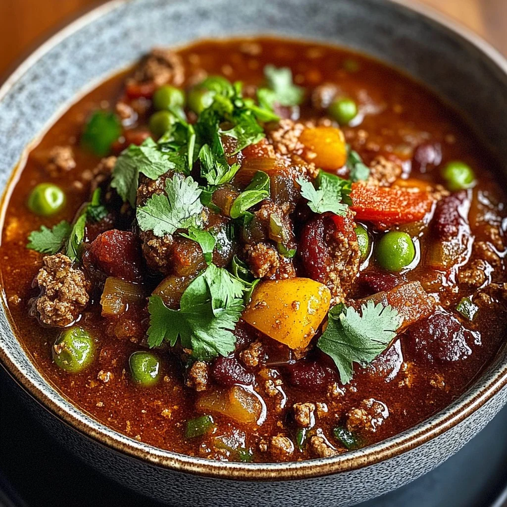 Delicious bowl of short rib chorizo chili topped with fresh herbs