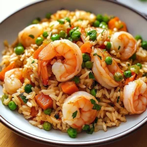 Plate of shrimp and rice topped with fresh herbs and vegetables