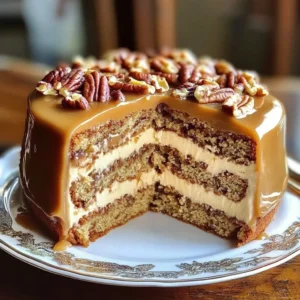 Delicious Southern Pecan Caramel Cake topped with gooey caramel and crunchy pecans.