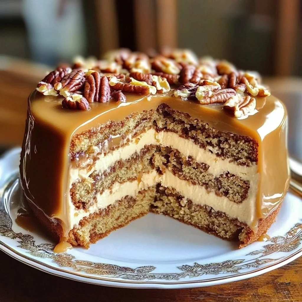 Delicious Southern Pecan Caramel Cake topped with gooey caramel and crunchy pecans.