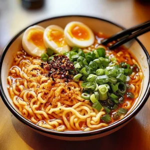 Bowl of spicy ramen with chili flakes and green onions on top