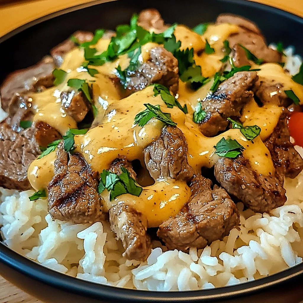 Delicious Steak Queso Rice served with toppings.