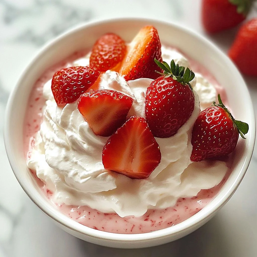Delicious strawberry fruit dip served with fresh strawberries and Cool Whip.