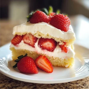 Delicious homemade Strawberry Shortcake topped with fresh strawberries and whipped cream.