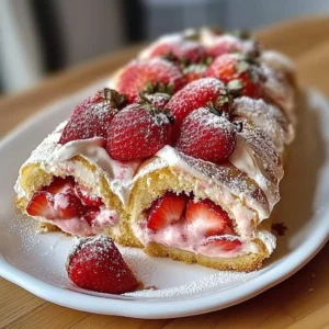 Delicious strawberry shortcake cheesecake rolls garnished with fresh strawberries.