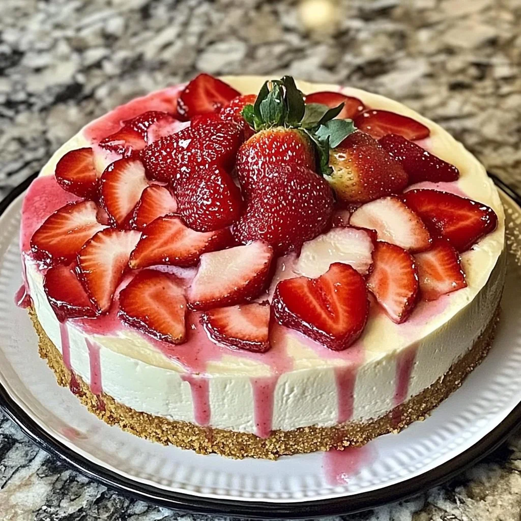 Delicious strawberry swirl cheesecake topped with fresh strawberries