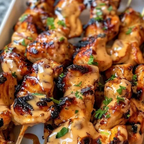 Delicious Air Fryer Bang Bang Chicken Skewers served with dipping sauce
