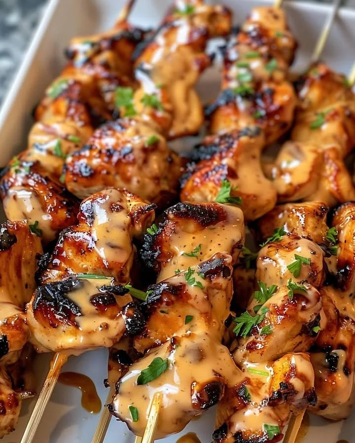 Delicious Air Fryer Bang Bang Chicken Skewers served with dipping sauce