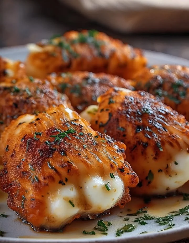 Air Fryer Buffalo Chicken Mozzarella Sticks with dip on a plate