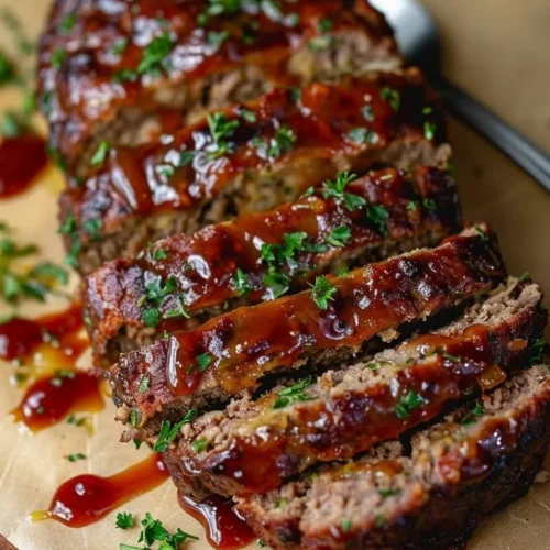 Delicious and juicy air fryer meatloaf served on a plate with garnish.