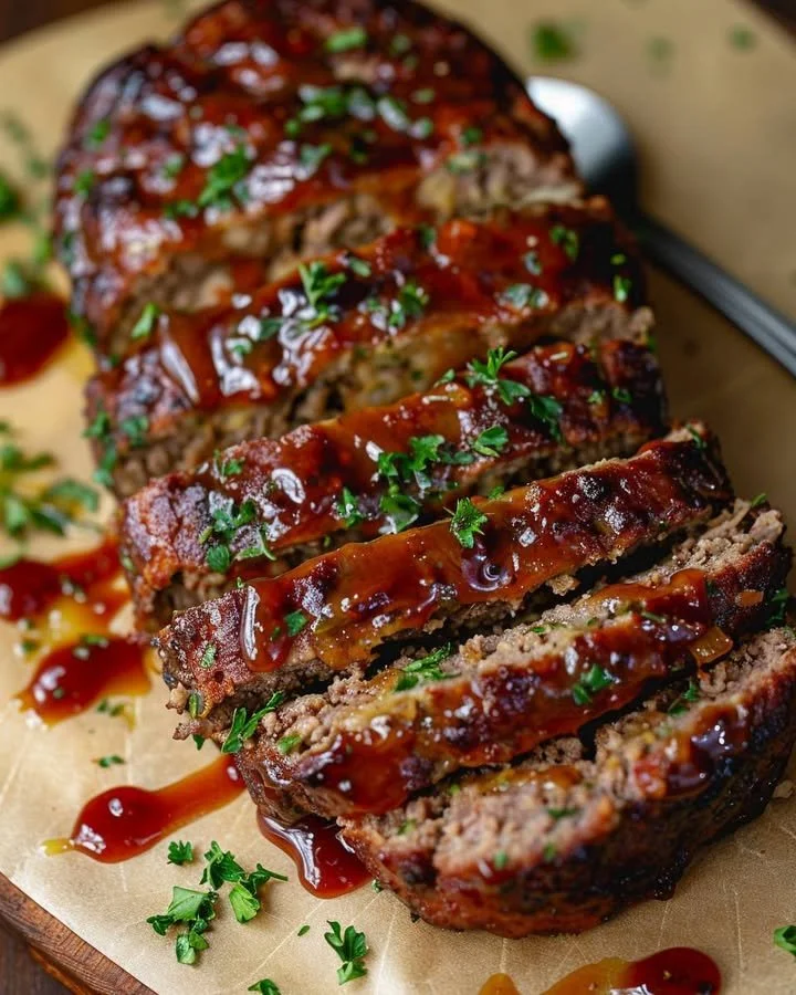Delicious and juicy air fryer meatloaf served on a plate with garnish.