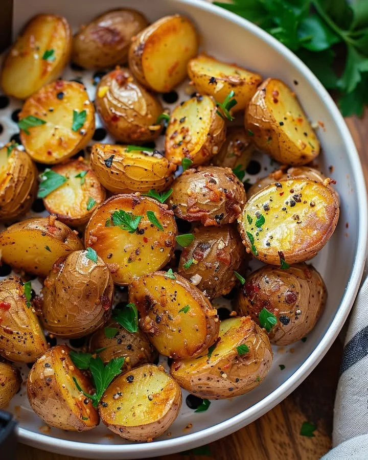 Air fryer mustard roast potatoes served in a bowl with a garnish.