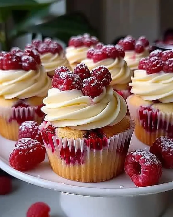 Almond Wedding Cake Cupcakes filled with raspberry and topped with frosting