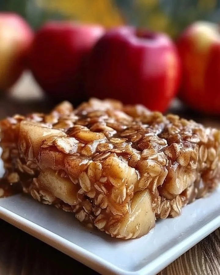 A delicious slice of apple cinnamon baked oatmeal topped with fresh apples and cinnamon.