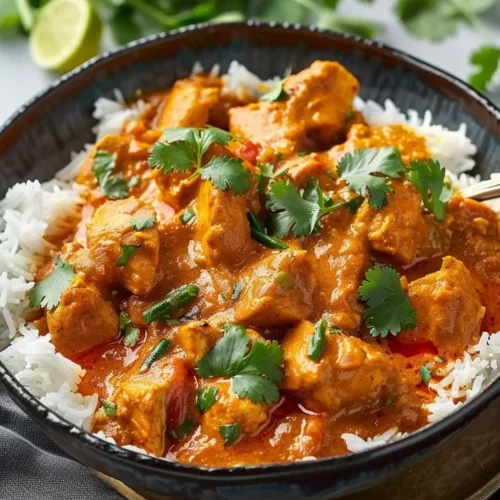 Aromatic Indian chicken curry with creamy coconut and spices in a serving bowl