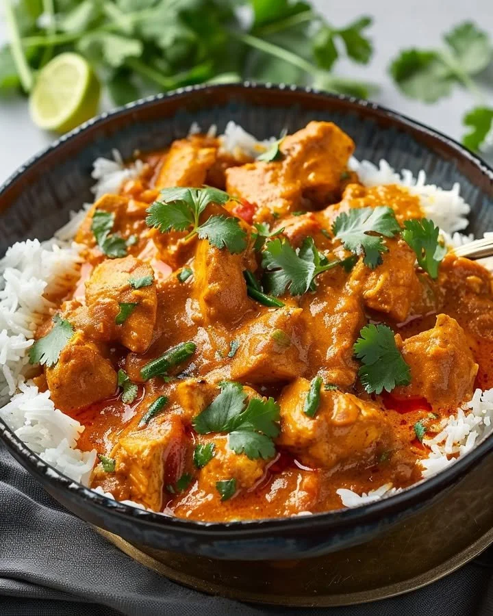 Aromatic Indian chicken curry with creamy coconut and spices in a serving bowl