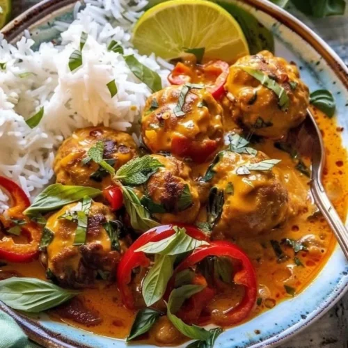 Delicious Asian-Style Chicken Meatball Curry served in a bowl with rice
